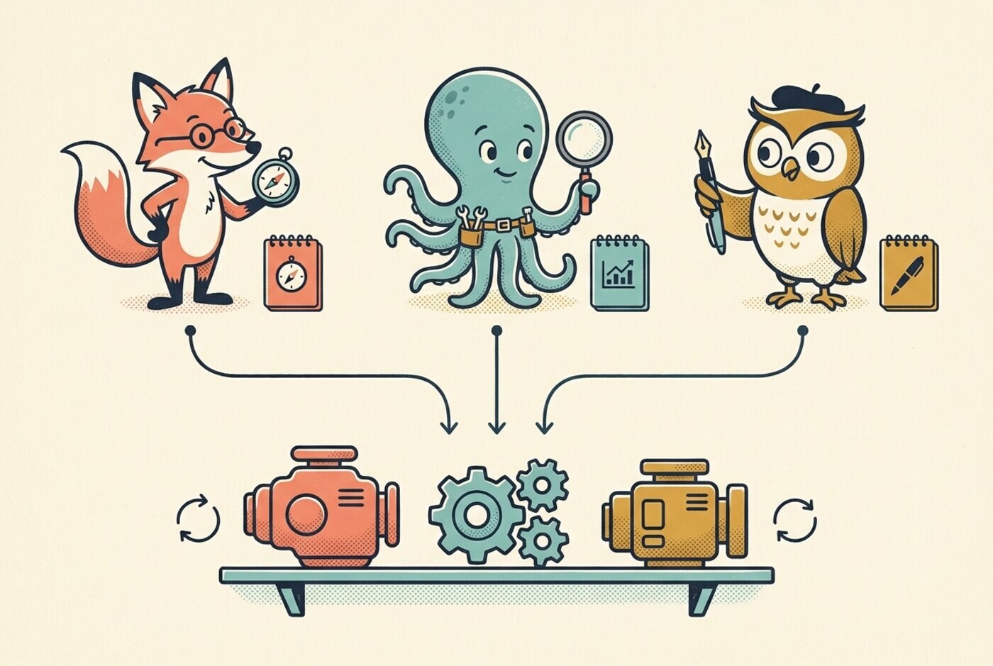 Different AI teammates with different personalities sharing a switchable set of underlying models