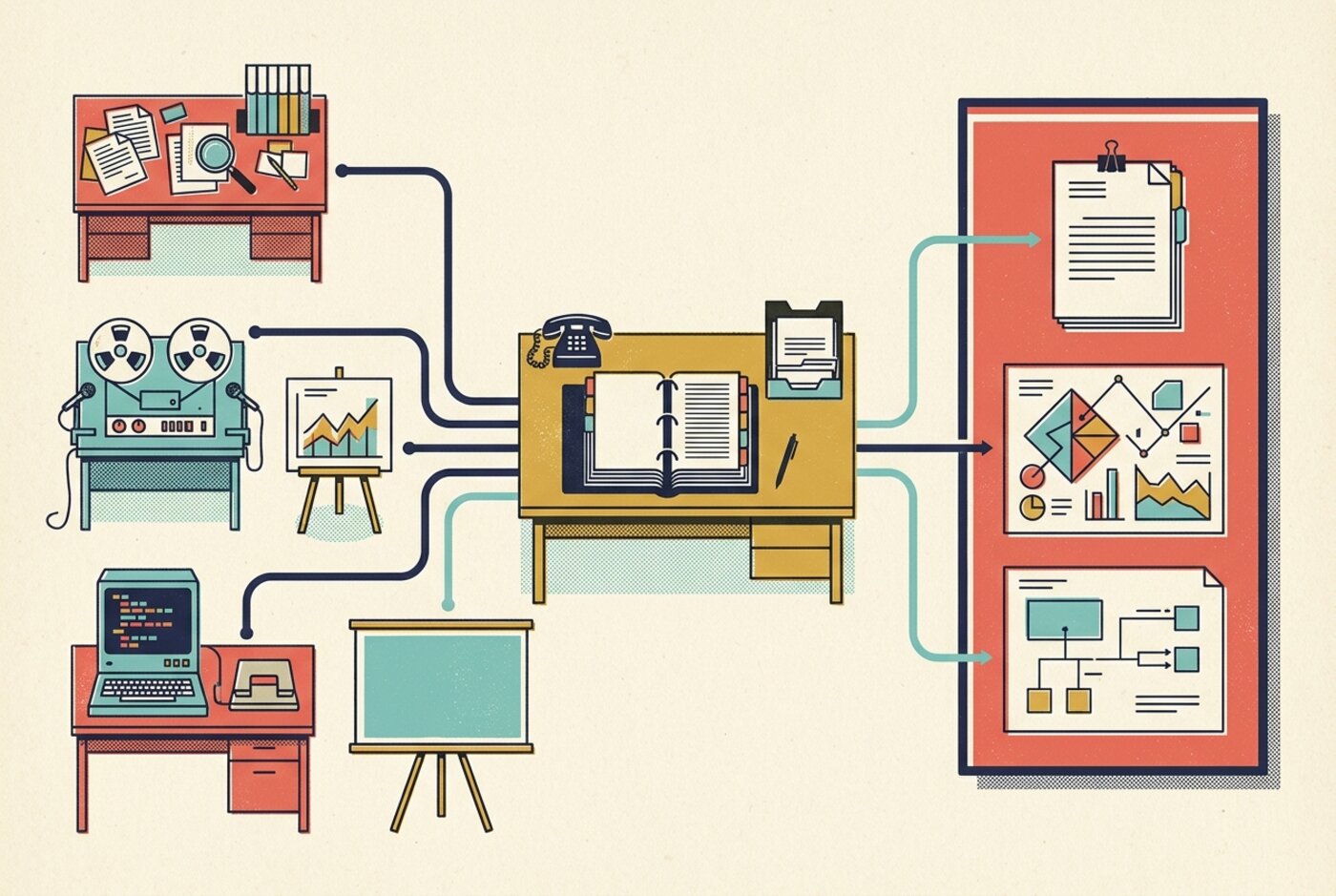 Specialist PM tools feeding into a shared AI workspace that produces final deliverables
