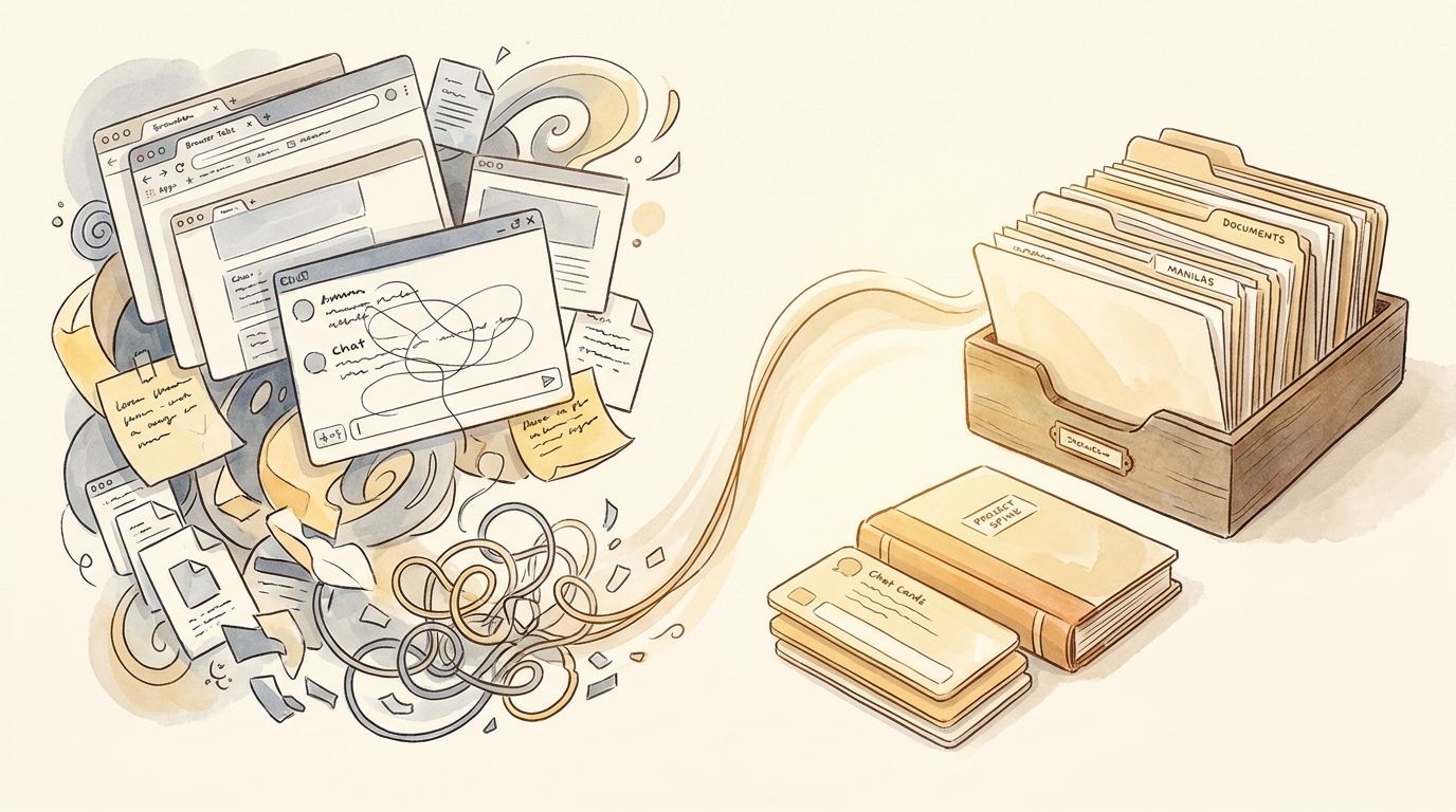 Messy browser tabs and chat windows on one side, one project spine of files and chats on the other