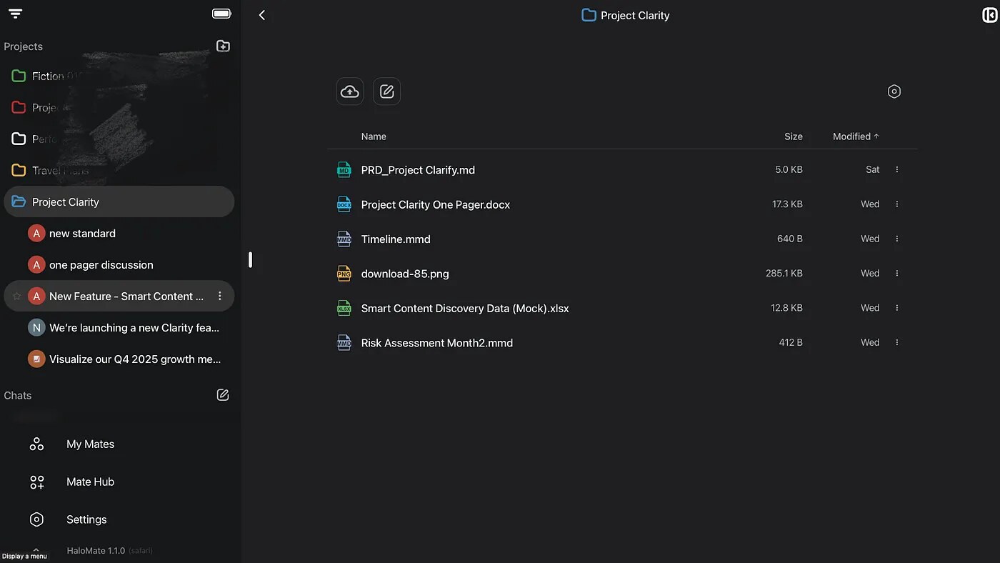 Project Clarity workspace with shared files: PRD, one-pager, timeline, data, and risk notes