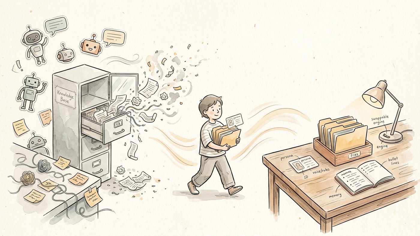 Hand-drawn packing scene: empty knowledge base cabinet on the left, four packed workspace assets on a quiet desk on the right