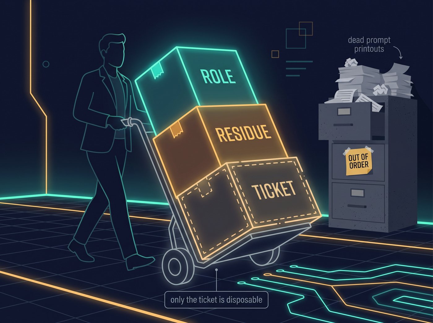 Person wheeling glowing boxes labeled ROLE, RESIDUE, and TICKET past a dead filing cabinet of prompt printouts
