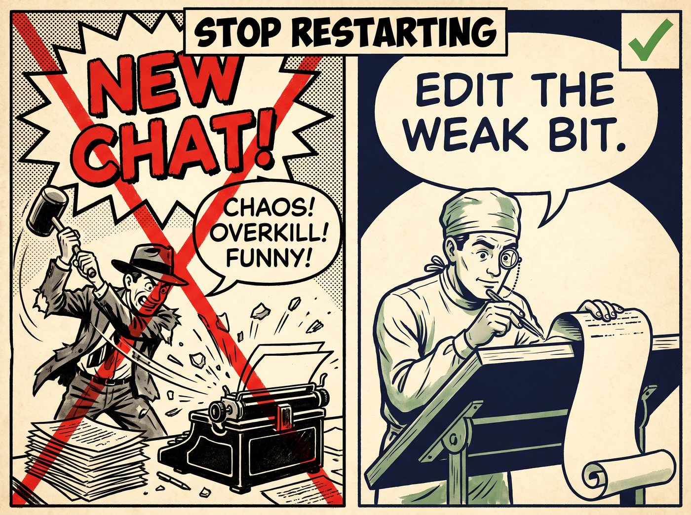 Split panel: smashing a typewriter crossed out versus a surgeon editing only the weak bit