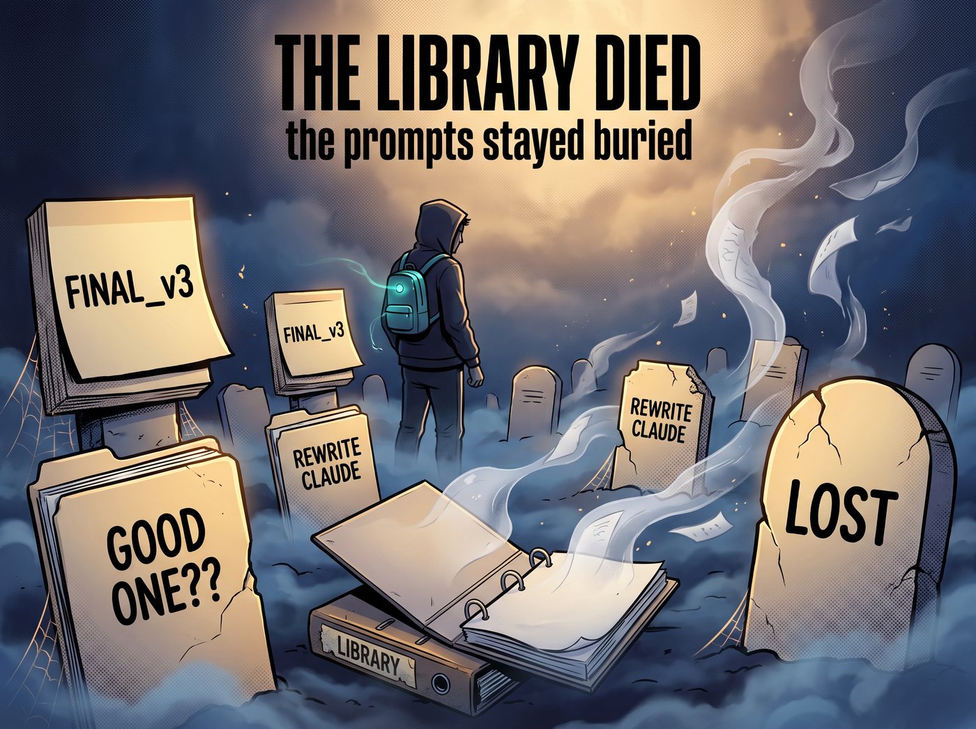 Graveyard of prompt notebooks labeled FINAL_v3, GOOD ONE??, and LOST, with a closed library binder in the fog